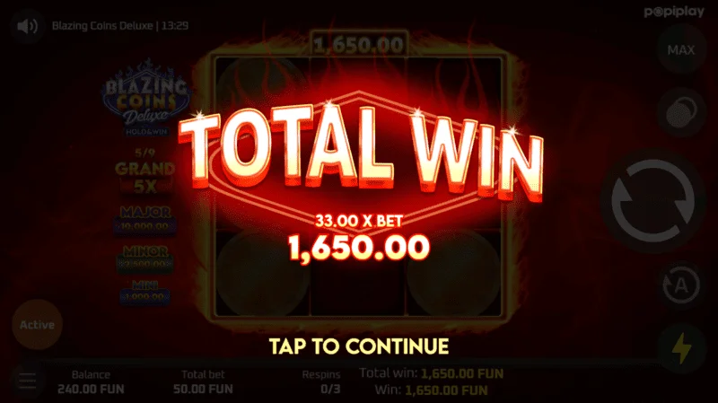 Gain total de re-spin Blazing Coins Deluxe